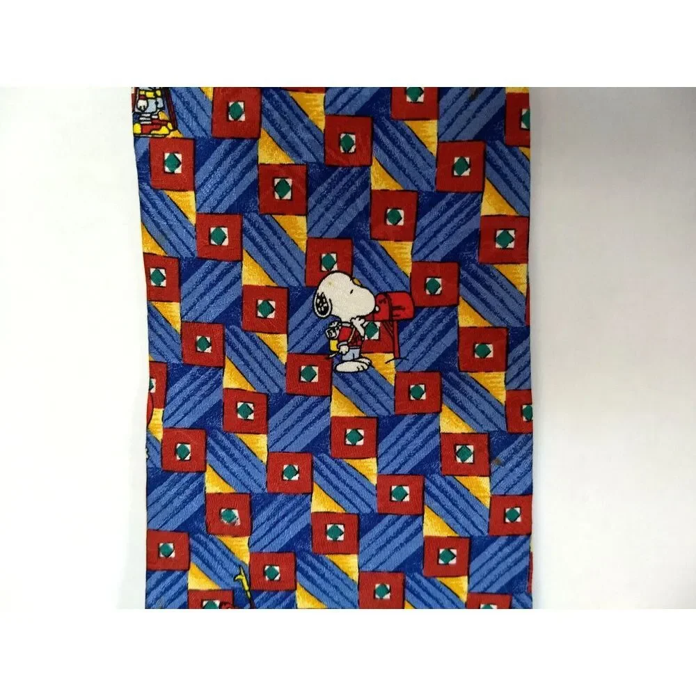SNOOPY Peanuts Silk Tie Is It Friday Yet? Blue Red & Yellow Geometric Stripe USA